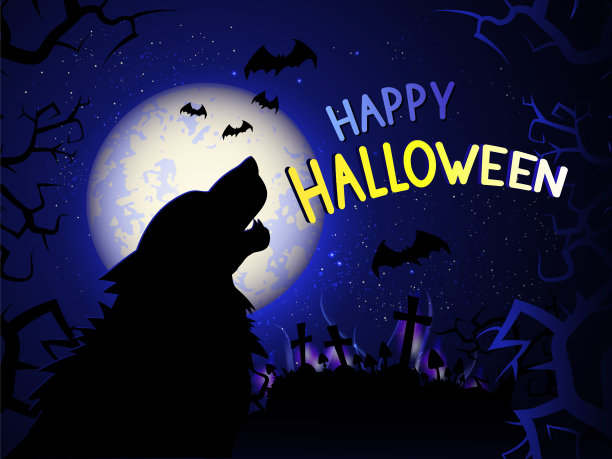 矢量插图与嚎叫的狼在夜晚的背景与墓地，神秘的灯光和特克斯。图片下载