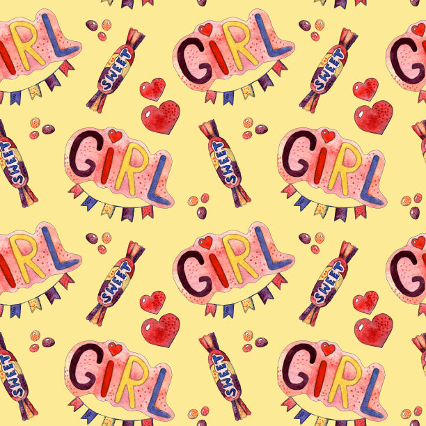 儿童水彩设置无缝模式的女孩在黄色的背景图片下载