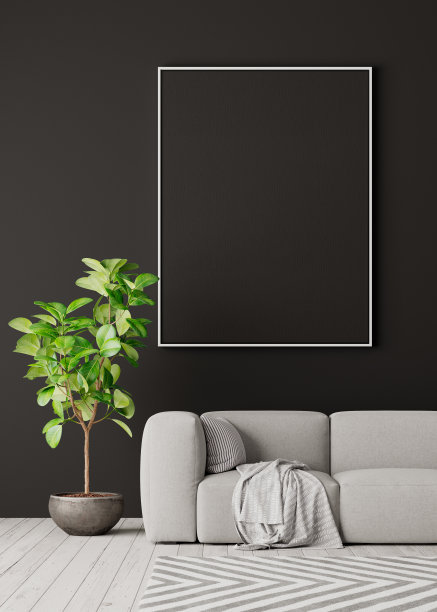 模拟海报在灰色的墙壁，现代客厅室内设计3D渲染图片下载
