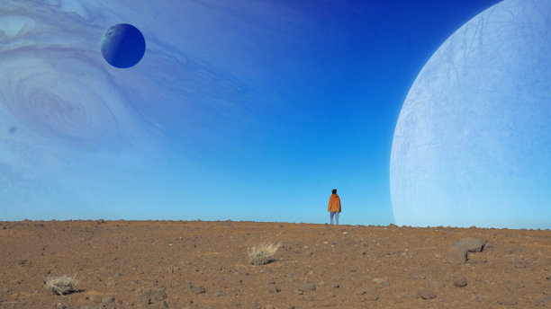 女人在沙漠。享受未来的空间视野。数字化图像图片下载