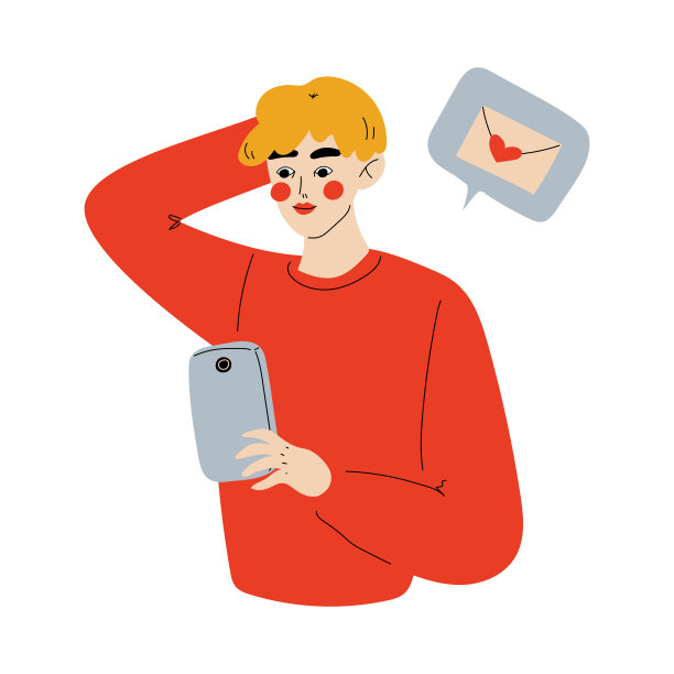 网上约会，年轻男子使用智能手机约会或寻找浪漫的伴侣，男孩发送信息给他的女朋友矢量插图图片下载
