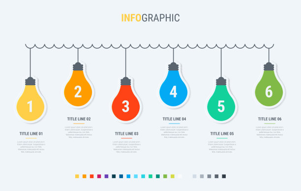 彩色图表，灯泡信息图表模板。时间线与6个步骤灯泡工作流流程的业务。矢量设计。图片下载