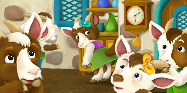 卡通场景，山羊孩子在老农舍里站着说话图片下载