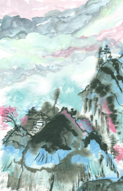 抽象中国画的山和开花树与水彩云景图片下载