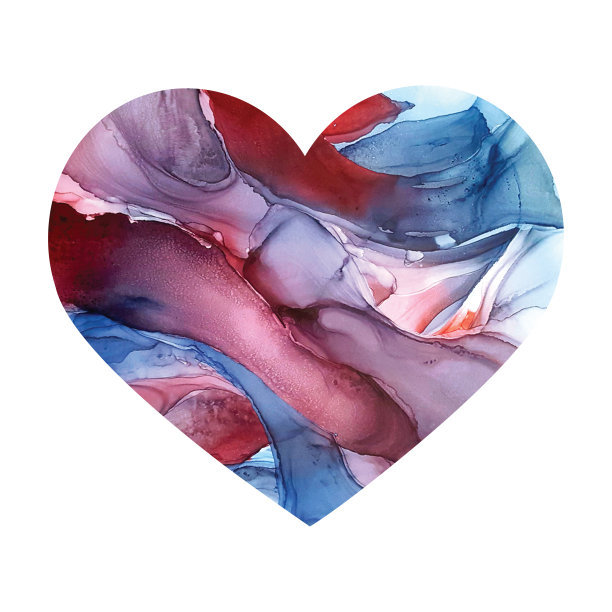 粉色，淡紫色，紫色，红色，蓝色纹理的心用颜料绘制。酒精墨水。纹理表面。湿刷元素的地图，打印，图标，文本，标签，图标。图片下载