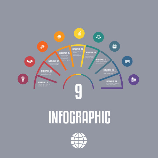 信息图模板从彩色线半圆形与文本区域在9个位置。图片下载