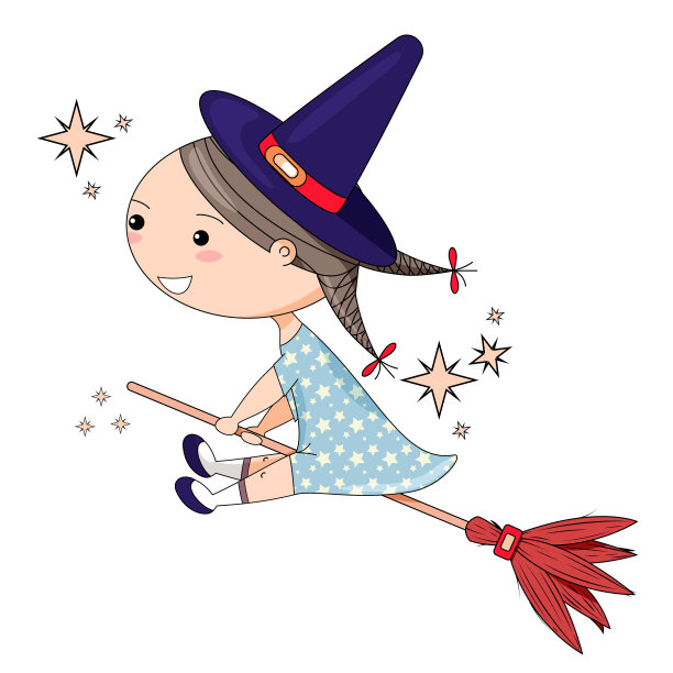 万圣节可爱的女巫骑着扫帚飞来飞去图片下载