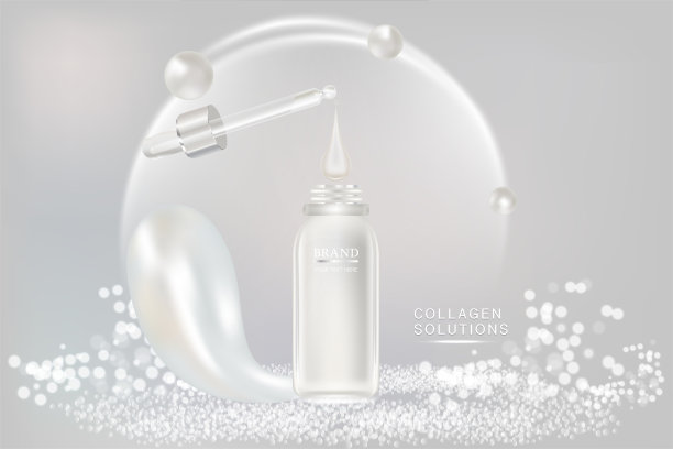 美容产品广告设计，白色化妆品容器与胶原蛋白溶液广告背景准备使用，奢侈护肤横幅，插图向量。图片下载