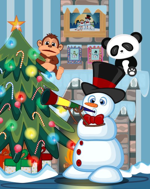 雪人戴着一顶帽子和一个蝴蝶结吹号角与圣诞树和壁炉矢量插图图片下载