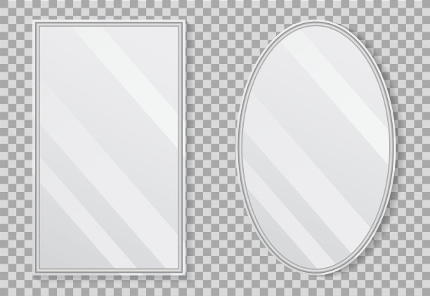 现实的空镜子与反射在模型风格。椭圆镜与空表面上孤立的背景。一套镜子装饰。向量图片下载