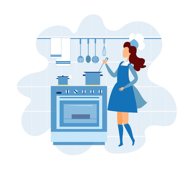 穿着厨师制服的年轻女子在厨房做饭图片下载