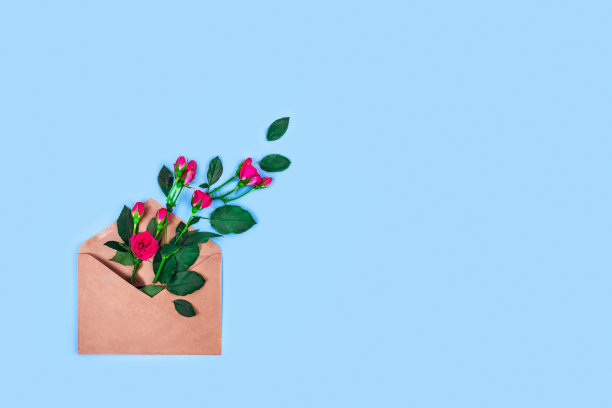 节日贺卡和一个装满玫瑰的信封，俯视图。图片下载