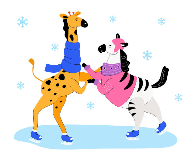 斑马和长颈鹿溜冰-平面设计风格的插图图片下载