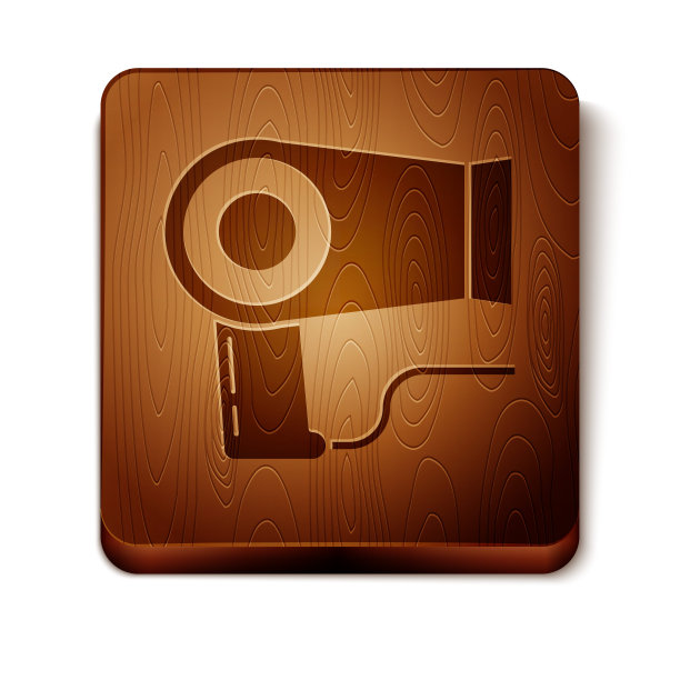 棕色吹风机图标孤立在白色背景。吹风机的迹象。头发干燥的象征。吹热空气。木制方形按钮。矢量图图片下载