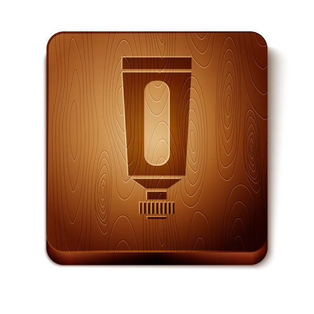 棕色霜或乳液化妆品管图标孤立在白色背景。男士身体护理产品。木制方形按钮。矢量图图片下载