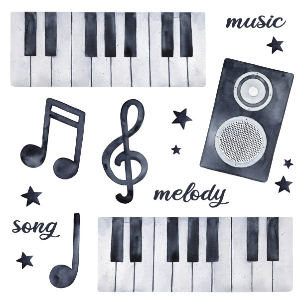 无缝重复模式与各种音乐元素:音符，钢琴键，高音谱号。手绘水彩素描的设计，印刷，标签，相册封面，有趣的卡片，剪贴簿纸。素材图片