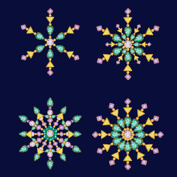 水彩圣诞水晶雪花集。色彩艳丽艳丽的首饰、胸针、颈饰。时尚璀璨，贴花水钻。新年贺卡的设计理念。图片下载