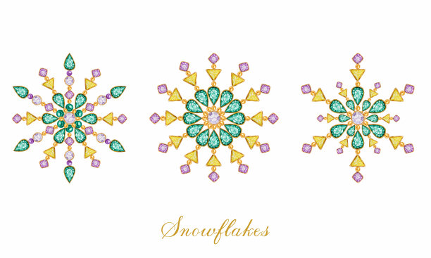 水彩圣诞水晶雪花集。色彩艳丽艳丽的首饰、胸针、颈饰。时尚璀璨，贴花水钻。新年贺卡的设计理念。图片下载