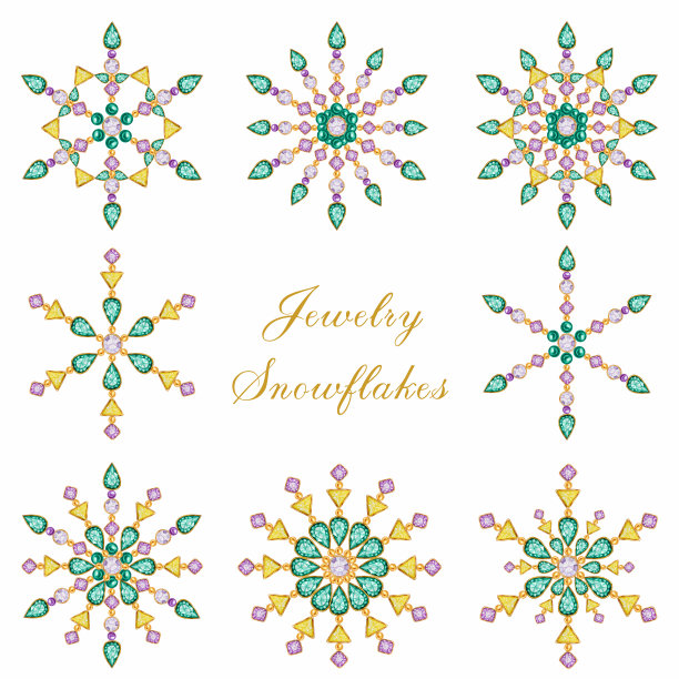 水彩圣诞水晶雪花集。色彩艳丽艳丽的首饰、胸针、颈饰。时尚璀璨，贴花水钻。新年贺卡的设计理念。图片下载