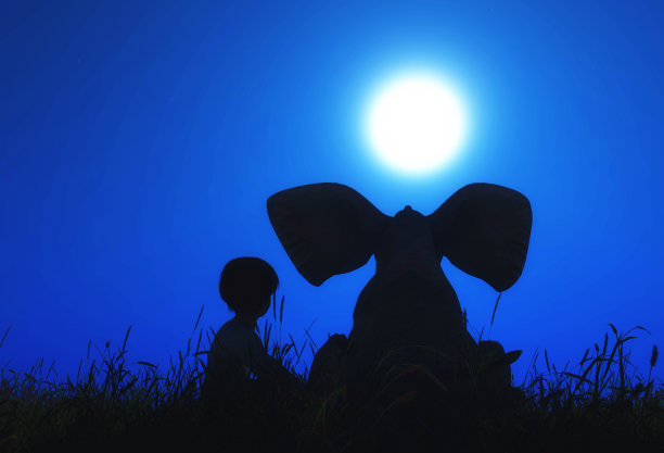 3D景观与男孩和大象坐在月光下的天空图片下载