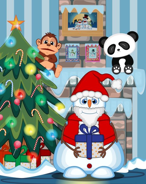 雪人携带礼物和穿着圣诞老人服装与圣诞树和火的地方矢量插图图片下载