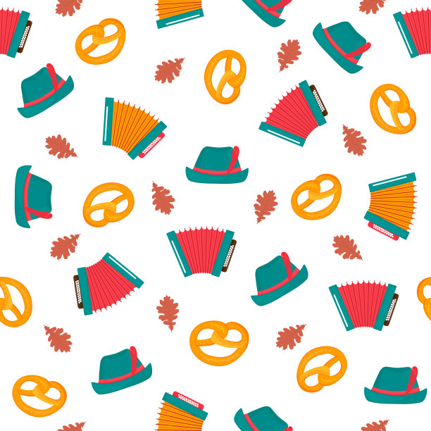 慕尼黑啤酒节-巴伐利亚节日无缝模式。手风琴,帽子,椒盐卷饼图片下载