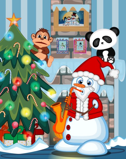 雪人穿着圣诞老人服装演奏萨克斯风与圣诞树和壁炉矢量插图图片下载