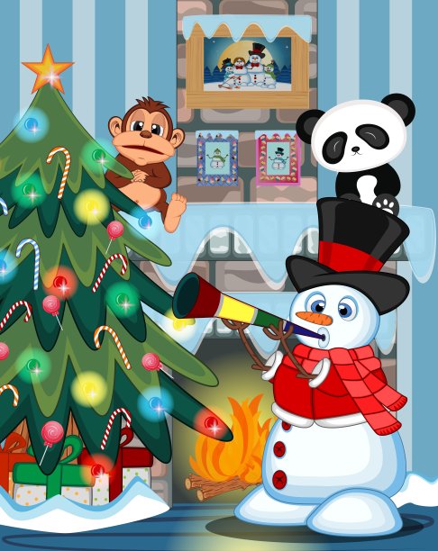 雪人戴着帽子，红色的毛衣和红色的围巾吹号角与圣诞树和壁炉矢量插图图片下载