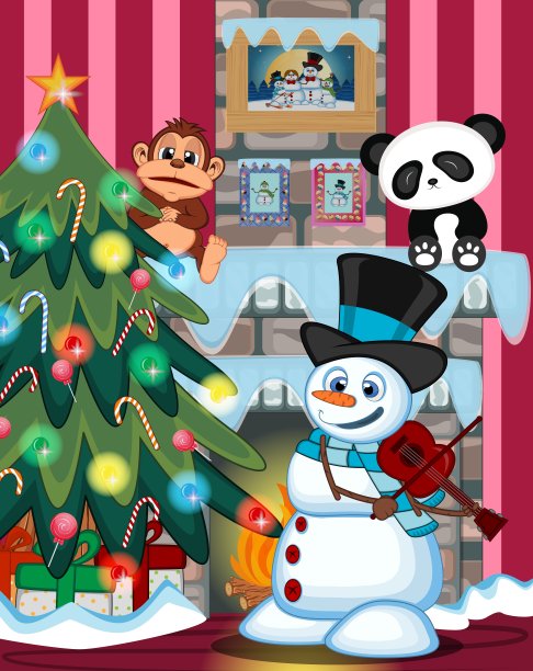 雪人与帽子和蓝色围巾拉小提琴与圣诞树和壁炉矢量插图图片下载