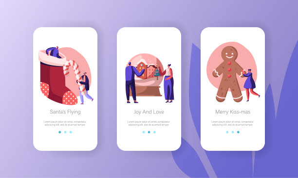 圣诞手机应用页面板载屏幕设置。人们装饰家，为网站或网页准备礼物和款待圣诞节庆祝概念，卡通平面矢量插图图片下载