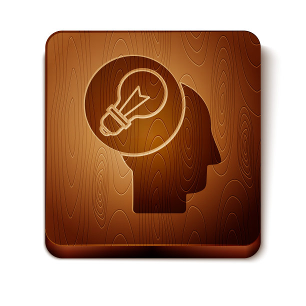 棕色人的头与灯泡图标孤立在白色背景。木制方形按钮。矢量图图片下载