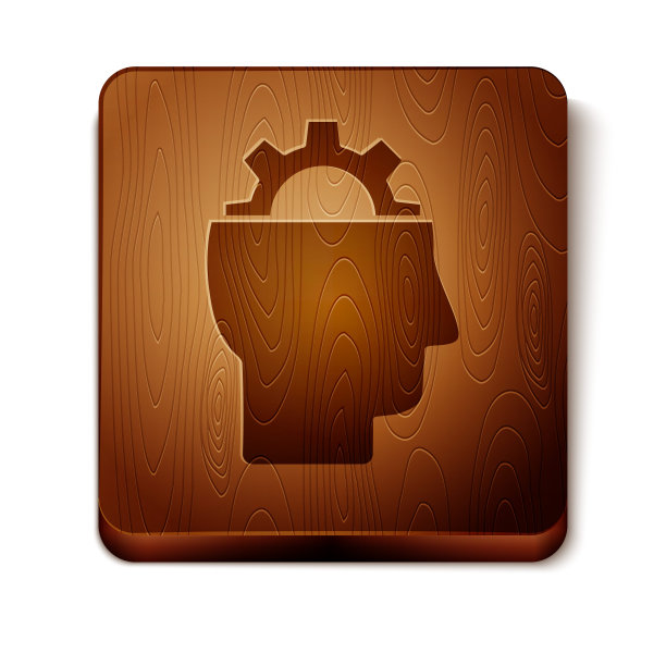 棕色人与齿轮内的图标隔离在白色背景。人工智能。思考的大脑信号。大脑的符号工作。木制方形按钮。矢量图图片下载