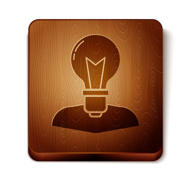 棕色人的头与灯泡图标孤立在白色背景。木制方形按钮。矢量图图片下载