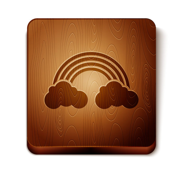 棕色彩虹与云图标孤立的白色背景。木制方形按钮。矢量图图片下载