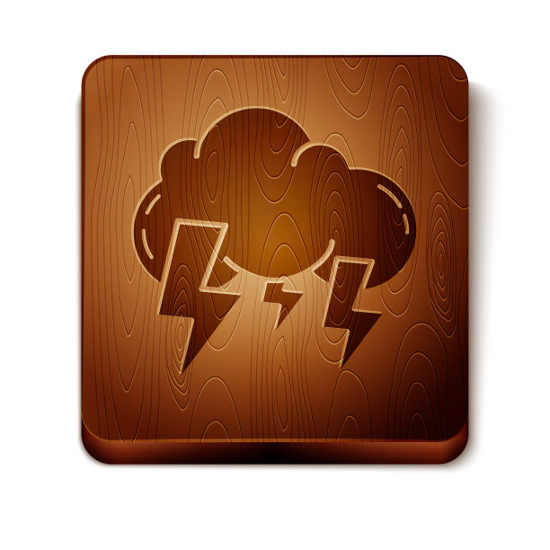 棕色风暴图标孤立在白色背景。云和闪电的标志。风暴的天气图标。木制方形按钮。矢量图图片下载