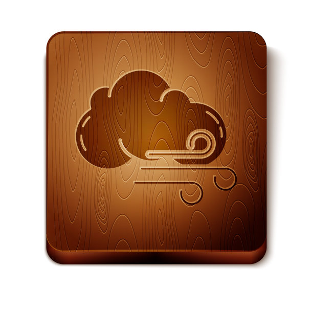 棕色风天气图标孤立在白色背景。云和风。木制方形按钮。矢量图图片下载