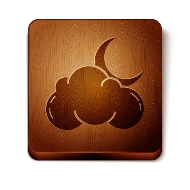 棕色云与月亮和星星图标孤立在白色背景。多云的夜晚的迹象。睡眠的梦想的象征。晚上或睡觉的时间标志。木制方形按钮。矢量图图片下载