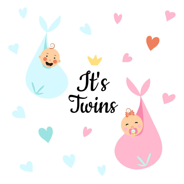 设计模板卡与手写字母婴儿淋浴。可爱有趣的双胞胎，周围有心形。图片下载