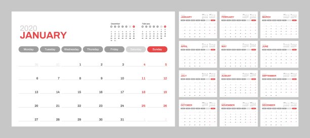2020年新年日历以简洁简约的餐桌风格呈现。图片下载