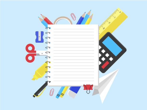 笔记纸与学习用品，矢量插图图片下载