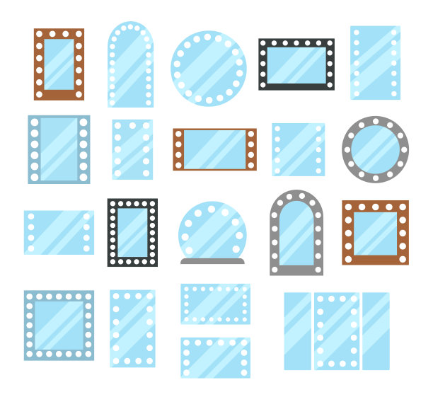 虚荣的LED照明镜子。矩形和圆形化妆镜与灯泡。平的图标集。有框和无框反射面。孤立的对象图片下载