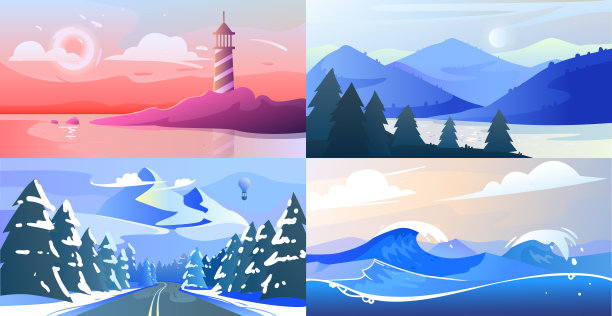 向量极简的梯度景观与山脉和木材。图片下载