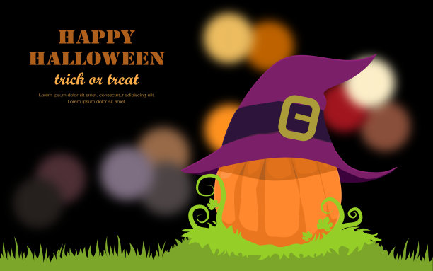 万圣节贺卡与一个彩色的南瓜制品帽子模糊的背景和美丽的散景。平面设计说明。图片下载