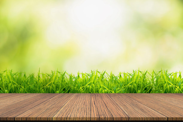 木地板以清新的草为背景，以虚化的自然为背景图片下载