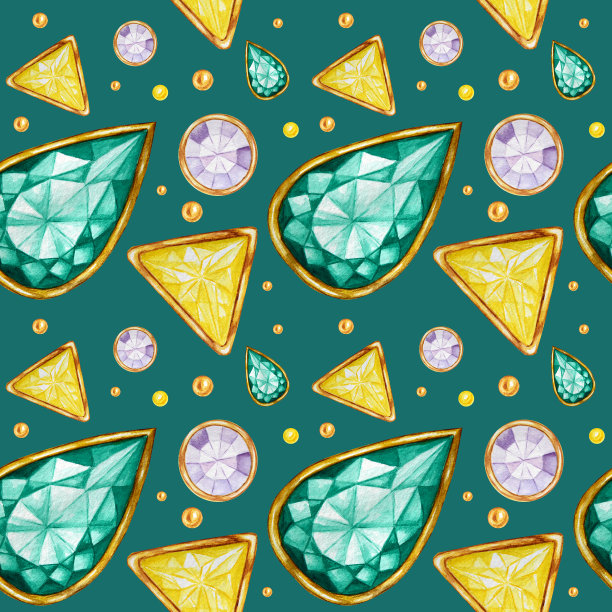 无缝图案水晶在一个黄金框架和珠宝珠子。手绘水彩绿色，黄色和紫色宝石钻石。色彩鲜艳，织物质地。绿色背景剪贴簿图片下载