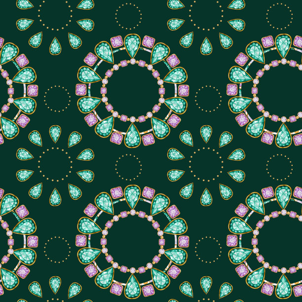 无缝图案水晶在一个黄金框架和珠宝珠子。手绘水彩绿色和紫色宝石钻石手镯。色彩鲜艳，织物质地。绿色背景剪贴簿图片下载