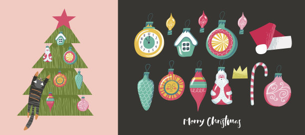 圣诞贺卡。猫爬上圣诞树。一套圣诞装饰，矢量插图。图片下载