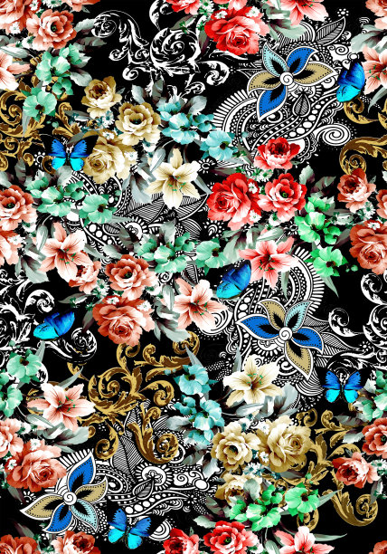 美丽的彩色花朵，巴洛克和蝴蝶图案图片下载