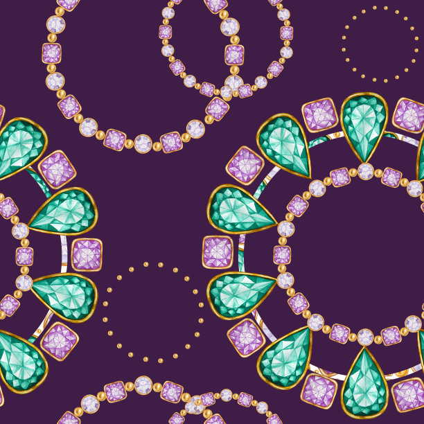 无缝图案水晶在一个黄金框架和珠宝珠子。手绘水彩绿色和紫色宝石钻石手镯。色彩鲜艳，织物质地。紫色背景用于剪贴簿图片下载