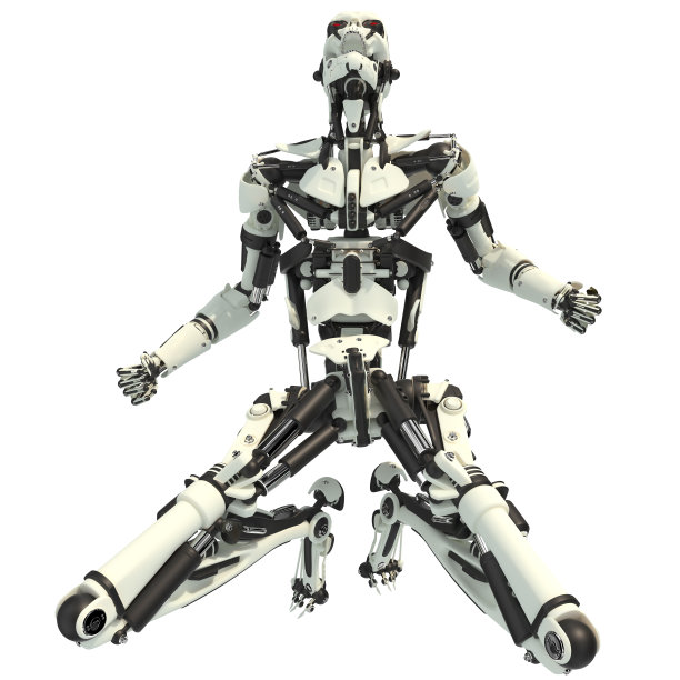 一个有自我意识的红色机器人，一个半机械人，一个人工智能，愤怒地尖叫着，向后仰着头，握紧拳头，跪了下来。三维渲染图片下载